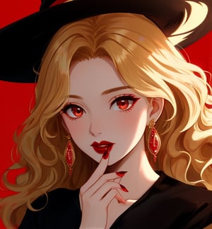 Close-up A beautiful witch woman with long wavy golden hair, vermillion eyes, fair skin, red lips, red nails, elegant and shiny black dress