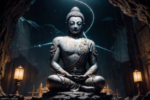 best quality, masterpiece, beautiful and aesthetic, 16K, (HDR:1.4),  cinematic lighting, ambient lighting, warm light, sidelighting, Exquisite details and textures, cinematic shot,  fantasy landscape, temple inside a large cave, a buddhist statue with three copassion faces in the background , one face in the front, on face to the right, one face to the left, fireflies,perfect, Buddha statue behind, Buddha statue in the background, light aura, helo