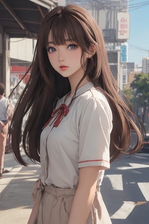 1girl, bangs, blunt bangs,  blue eyes, (brown hair:1.3), depth of field, long eyelashes,  outdoor, lips, long hair, casual outfit, ribbon, short sleeves, solo
masterpiece, best quality, intricate details, absurdres, anime screencap, Vivid, Niji Style,