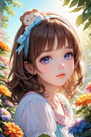 (best quality, highres),brown hair,bow on head,girl,beautiful detailed eyes,beautiful detailed lips,long eyelashes,soft facial features,flower garden background,vibrant colors,pleasant lighting,artistic rendering,(The cutest girl in the world:1.5)
