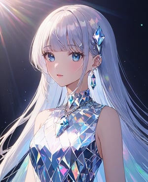 beautiful girl, detailed face, holographic vibe, a girl with long straight white holographic diamond hair with bangs, blue eyes, wearing a holographic dress, slender body, earings, diamond necklace, 