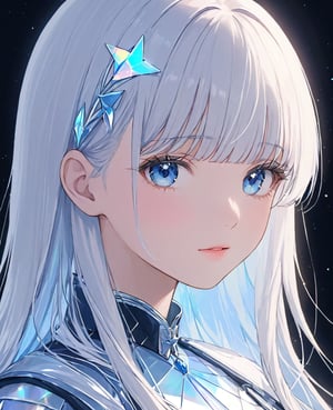 beautiful girl, detailed face, holographic vibe, a girl with long straight white holographic hair with bangs, blue eyes, wearing a holographic outfit, upper body,