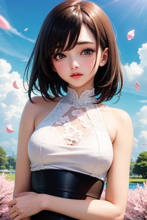 perfect medium breasts (1girl, solo:1.3), ((channel medium hair)) , ruby ​​eyes, top, beautiful detailed eyes, vivid, sanshoku dango, hanami, picnic, received kiss, received hug, cloudy sky, flower, flower amazing, narcissus, falling petals, el((masterpiece, best quality))