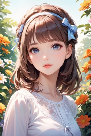 (best quality, highres),brown hair,bow on head,girl,beautiful detailed eyes,beautiful detailed lips,long eyelashes,soft facial features,flower garden background, vibrant colors,pleasant lighting,artistic rendering, decorative text:’’TA’’, text:’’1st Anniversary’’,(The cutest girl in the world:1.5),