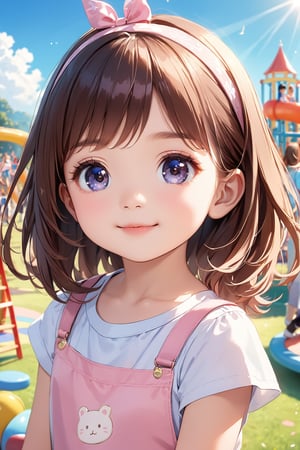 (best quality, highres), long brown hair,bow on head,girl,beautiful detailed eyes,beautiful detailed lips,long eyelashes,soft facial features, cute smile, looking at, a colorful playground with children playing, happiness, smiling, vibrant colors,pleasant lighting,artistic rendering,(The cutest girl in the world:1.5),