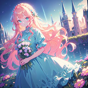 masterpiece, best quality, 1girl, long curly blond hair, princess hairstyle, aqua eyes, blush, princess dress, holding flowers, castle flower garden, blue sky, close up, cinematic lighting,