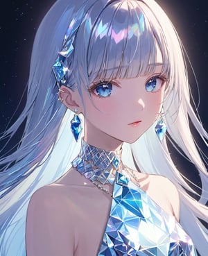 beautiful girl, detailed face, holographic vibe, a girl with long straight white holographic diamond hair with bangs, blue eyes, wearing a holographic dress, slender body, earings, diamond necklace, 