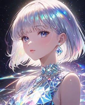 beautiful girl, detailed face, holographic vibe, a girl with short white holographic diamond hair with bangs, holographic eyes, wearing a holographic dress, slender body, earings, diamond necklace, masterpiece, best quality,