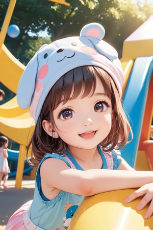 (best quality, highres), long brown hair,bow on head,girl,beautiful detailed eyes,beautiful detailed lips,long eyelashes,soft facial features, cute smile, looking at, a colorful playground with children playing, happiness, smiling, vibrant colors,pleasant lighting,artistic rendering,(The cutest girl in the world:1.5),