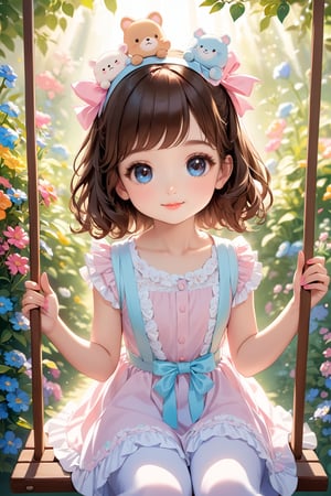 (best quality, highres), long brown hair,bow on head,girl,beautiful detailed eyes,beautiful detailed lips,long eyelashes,soft facial features, cute smile, looking at, flower garden background, sitting on a swing, vibrant colors,pleasant lighting,artistic rendering,(The cutest girl in the world:1.5),