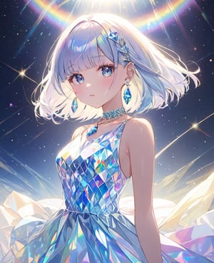 beautiful girl, detailed face, holographic vibe, a girl with short white holographic diamond hair with bangs, holographic eyes, wearing a white rainbow dress, blue body, earings, diamond necklace, masterpiece, best quality, full body view,