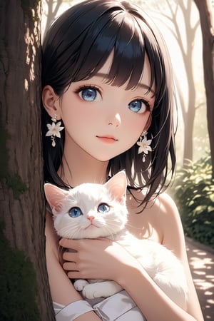 (8k, best quality, (look up:1.2), (masterpiece:1.2), ultra high resolution, high contrast, super detailed, professional Lighting, lively atmosphere, Under the bright spring sunshine, sunlight through the trees in a park, beautiful spring flowers, elegant ,  gentle, 1girl, blue eyes, styled black hair, bangs, flower earrings, blue of shoulder dress, hair ornaments, holding a white kitten, cute appearance in front of a tree, young girl, doe eyes, gentle, happy。Her beautiful face, perfect figure, lovely figure,  peaceful , shine, calm atmosphere.