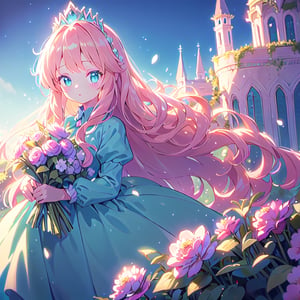 masterpiece, best quality, 1girl, long curly blond hair, princess hairstyle, aqua eyes, blush, princess dress, holding flowers, castle flower garden, blue sky, close up, cinematic lighting,