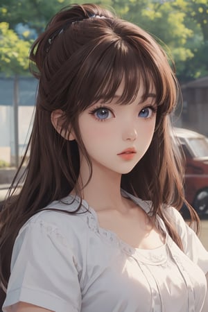 1girl, bangs, blunt bangs,  blue eyes, (brown hair:1.3), depth of field, long eyelashes,  outdoor, lips, long hair, casual outfit, ribbon, short sleeves, solo
masterpiece, best quality, intricate details, absurdres, anime screencap, Vivid, Niji Style,