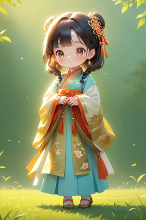 Children's Q version，Q version standing on the grass，lovely digital painting, Clean background cute digital art, Cute detailed digital art, Cute cartoon character, Beautiful character painting, Chinese girl, Realistic cute girl painting, Beautiful digital artwork, Palace ， A girl in Hanfu, cute character, Cute cartoon, digital cartoon painting art, Guviz-style artwork