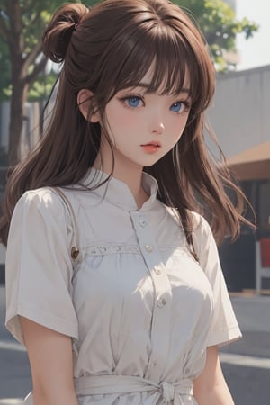 1girl, bangs, blunt bangs,  blue eyes, (brown hair:1.3), depth of field, long eyelashes,  outdoor, lips, long hair, casual outfit, ribbon, short sleeves, solo
masterpiece, best quality, intricate details, absurdres, anime screencap, Vivid, Niji Style,