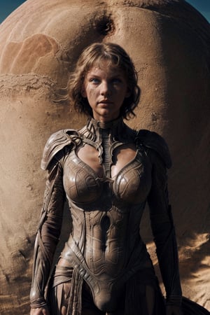 taylor swift, realistic,(( warrior pose )) (flare background), (planet on sky), ((full body portrait)),stunningly attractive, ((highly detailed face)),highly detailed, digital painting, intense, sharp focus, ((detailed eyes)), (( full body )), intricate dune desert costume,sks woman