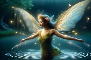 Close-up Photo of a beauty water fairy flapping her wings gliding over a pond, reflections in the water, night scene, softly raining, ral-exposure, in the style of double exposure, long exposure, layered lines, neonpunk, chiaroscuro, best quality, masterpiece, highres, extremely detailed,Fairy