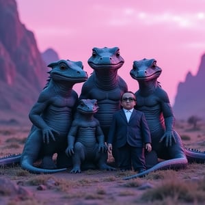 Reptile-headed alien family posing for a photo against an alien landscape with violet, purple and indigo hues, as a human dressed in a suit surprisingly drops in from behind