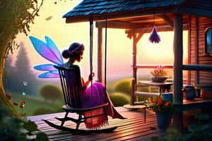 A winged fairy knits a long, multi-colored scarf on two needles, she sits in a rocking chair on the terrace of a wooden house on a tree, dawn, dew drops on the leaves