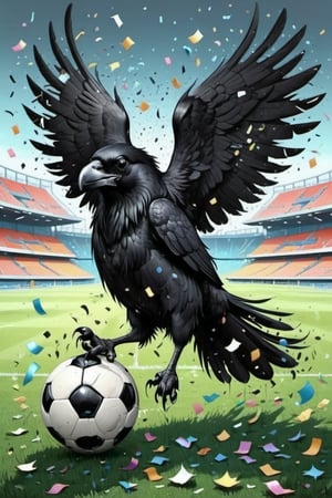 Majestic and lustrous black crow  celebrating with a soccer ball under one of its paws, on soccer stadium grass with falling confetti, cartoon style 