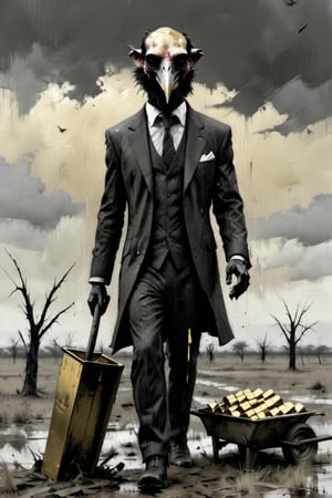 A long-billed Vulture dressed in a suit pushing a wheelbarrow full of gold bars in a deserted field with dead trees, overcast sky. Ashley Wood, Russ Mills