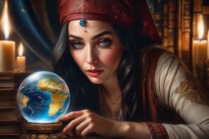 astonished fortune teller's looking at a crystal ball with tears on her cheeks, a view of the planet earth  in space is inside the crystal ball, candlelight, chiaroscuro, library, wooden, witch hat, extremely detailed,  oil painting