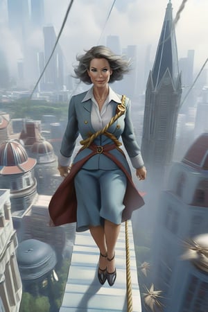 a female professor (walking on a rope:1.2) between high buildings with a colonial city in the background, a picture, business surrounding, feet, screencapture, up-close, digital painting