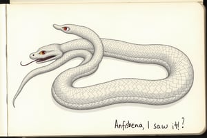 SNAKE, 2-headed snake with rhomboid scales, bestiary style drawing in a notebook, a caption in handwritten style saying "Anfisbena", annotations saying "I saw it!"