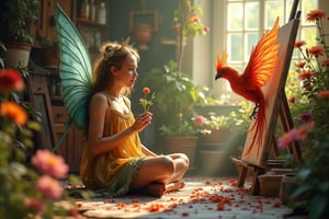 A fairy painter sitting on the floor of a messy studio paints on canvas a phoenix flying in a flower garden, side light, soft focus