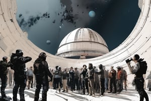 poeple holding folders and rising fists in a demonstration near the dome of an astronomical observatory, Russ Mills, Ashley Wood