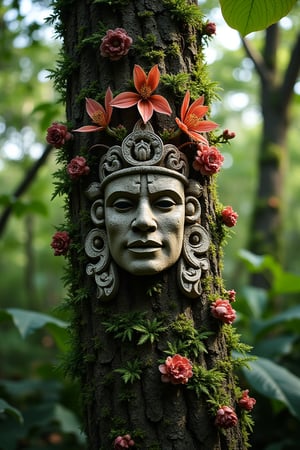 Face of a Mayan warrior carved into a flowering tree, in the middle of a dense jungle