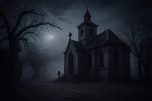 Abandoned chapel, with vines and cracks in the walls, fog, surrounded by leafless bushes, moonlight, backlightning,  overcast sky,Abandoned chapel, with vines and cracks in the walls, fog, surrounded by leafless bushes, side moonlight, overcast sky, bats flying, inverted crosses, hooded figure with a lantenr in hand walking towards entrance, graves close to the building, chiaroscuro, wide angle, high resolution