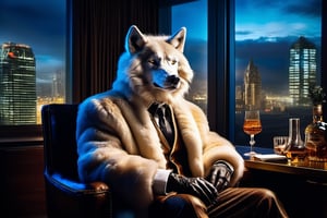 wolf dressed in a sheepskin suit, sitting in a luxurious office, there is a glass of whiskey on desktop, the large window in the background shows the big night city