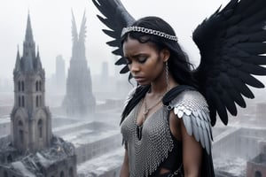 Sad black-skin  large-winged angel wearing chain mail, tears, drawing in the style of Agnes Cecile, destroyed city in background, dramatic, matte-painting, high resolution, Asymmetrical