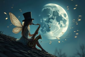 A fairy wearing a top hat plays the saxophone sitting on the roof in the moonlight, surrounded by a swirl of silver musical notes, wind, moon