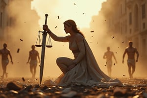 Lady justice crouched with the bandages fallen and her sword raised amidst smoke and traces of projectiles, cinematic, people running and fleeing around, dramatic