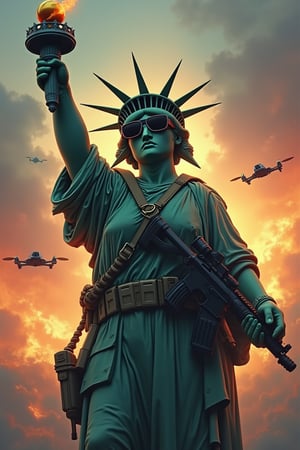 The statue of liberty wearing military uniform wearing black glasses and showing and evil smile, with a gun in her hand, digital illustration, war background with explosions and battle drones