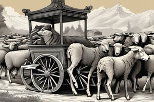 crowned gray wolf in a sedan chair litter carried by several sheep, detailed,  illustration