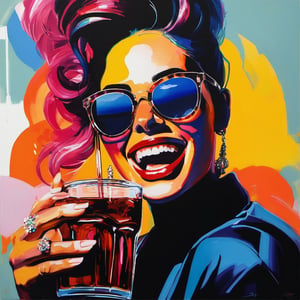 Painting of a woman with dark glasses laughing out loud with a glass of cola spilling from her hands, strong and bright colors, firm strokes, defined lines, eyes peeking out from behind the glasses