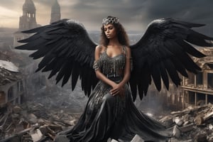panoramic view of a  sad black-skin  large-winged angel wearing chain mail standing on rubble, extremely detailed painting in the style of Rebeca Saray, tears, destroyed city in background, dramatic, high resolution, Asymmetrical
