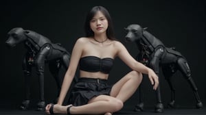 (masterpiece, ultra-realistic, 32k resolution, HDR, best quality, photorealistic). A stunning 20-year-old Asian girl with long, sleek black hair, blunt bangs, and striking red eyes, sitting confidently alongside two robotic dogs resembling Boston Dynamics models. She has delicate elf ears, adding a touch of fantasy to her appearance. Her pale skin contrasts with her dark, cyberpunk-inspired Japanese clothing, which includes a pleated skirt, thigh strap, and detailed jewelry such as earrings and a choker. Her nails are painted black and red, adding to the dark fantasy aesthetic. She wears traditional Japanese geta sandals with platform heels, The cinematic scene captures her in a movie-still style, with a film grain effect and slight blur to evoke a low-resolution 1980s movie screengrab. Despite the retro aesthetic, the high-quality details of her skin, clothing, and the robotic dogs create a sharp contrast. The background is dark, with subtle cyberpunk elements, enhancing the atmosphere of the scene. The lighting is soft and moody, highlighting her features and the sleek, mechanical design of the robotic dogs, while maintaining a sense of mystery and power.,ct-skyzo_identity