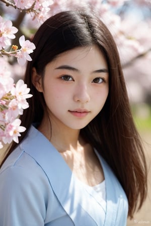 A 16-year-old Japanese beauty,in the sakura flowers.Turn slightly