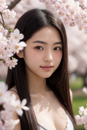 A 16-year-old Japanese beauty,in the sakura flowers.Turn slightly