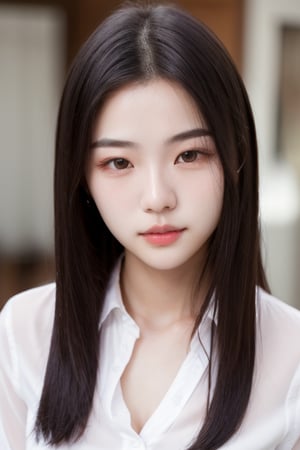 a close up of a woman with long hair wearing a white shirt, 1 8 yo, 18 years old, 19-year-old girl, xintong chen, korean girl, xision wu, heonhwa choe, 2 2 years old, 21 years old, ulzzang, wenfei ye, young cute wan asian face, lips,downblouse, extended downblouse, whole body, cowboy_shot