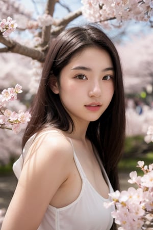 A 16-year-old Japanese beauty,in the sakura flowers.Turn slightly
