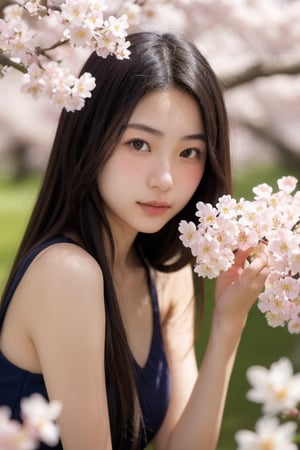 A 16-year-old Japanese beauty,in the sakura flowers.Turn slightly