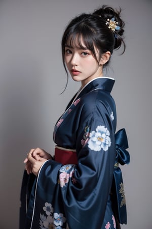 masterpiece, 8k, best quality, high resolution, perfect details, beautiful face, 1girl, solo, bangs, (Updo hair), closed mouth, looking at viewer, realistic, grey background, 

hair ornament, hair flower, blue flower, 
(japanese clothes), 
(dark blue kimono), 
(print kimono), 
(wide sleeves), (obi),

(cowboy shot:1.2),