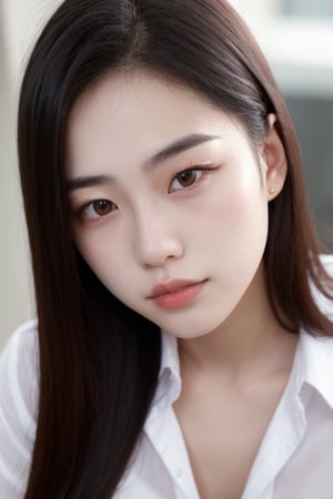 a close up of a woman with long hair wearing a white shirt, 1 8 yo, 18 years old, 19-year-old girl, xintong chen, korean girl, xision wu, heonhwa choe, 2 2 years old, 21 years old, ulzzang, wenfei ye, young cute wan asian face, lips,downblouse, extended downblouse