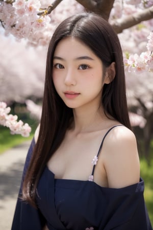 A 16-year-old Japanese beauty,in the sakura flowers.Turn slightly